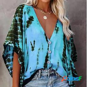 Womens Blouse Shirt Color Block Tie Dye V Neck Button Print