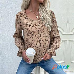 Womens Blouse Shirt Leopard Round Neck Print Casual