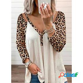 Womens Blouse Shirt Leopard V Neck Cut Out Flowing tunic