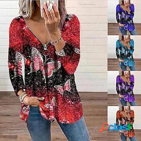 Womens Blouse Zipper Print Tropical Fashion Y Neck Spring