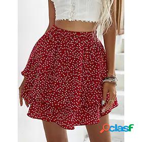 Womens Boho Mini Skirts Date Vacation Polka Dot Layered Red