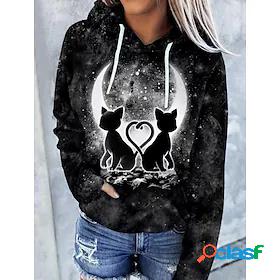 Womens Cat Moon Hoodie Sweatshirt Front Pocket Print 3D