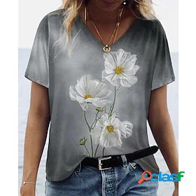 Womens Floral Theme Daisy Painting T shirt Floral Print V