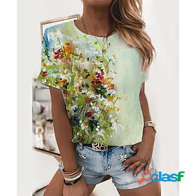 Womens Floral Theme T shirt Floral Graphic Print Round Neck