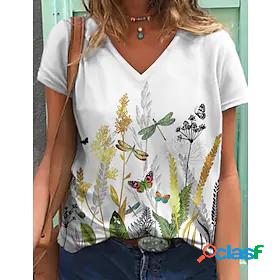 Womens Floral Theme T shirt Plants Butterfly Print V Neck