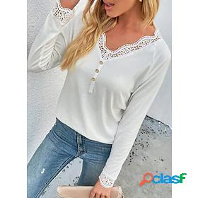 Womens Henley Shirt T shirt Plain V Neck Lace Trims Button