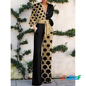 Womens Jumpsuit Print Lace up Patchwork Elegant V Neck