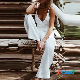 Womens Jumpsuit Solid Color Backless Lace up Casual V Neck