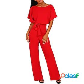 Womens Jumpsuit Solid Color Belted Formal Crew Neck Daily