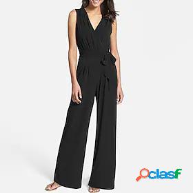 Womens Jumpsuit Solid Color Lace up Elegant V Neck Wide Leg