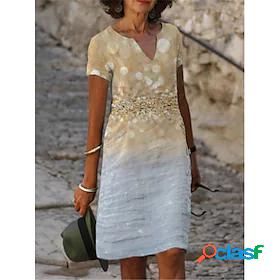 Womens Knee Length Dress A Line Dress Beige Short Sleeve