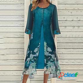 Womens Knee Length Dress A Line Dress Blue 3/4 Length Sleeve