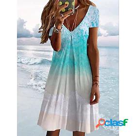 Womens Knee Length Dress A Line Dress Blue Short Sleeve