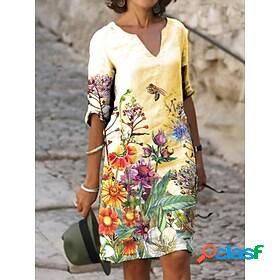 Womens Knee Length Dress A Line Dress Green White Yellow