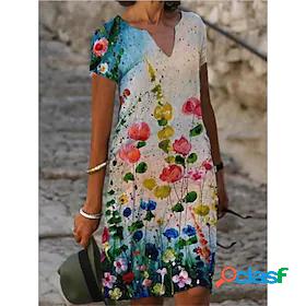 Womens Knee Length Dress A Line Dress Rainbow Short Sleeve