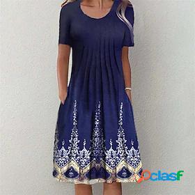 Womens Knee Length Dress A Line Dress White Blue Dark Blue