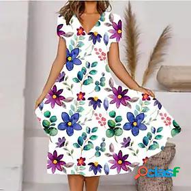 Womens Knee Length Dress A Line Dress White Short Sleeve