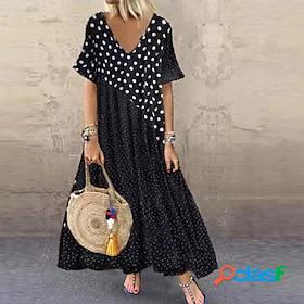 Womens Knee Length Dress Black Short Sleeve Polka Dot Summer