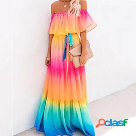 Womens Maxi long Dress A Line Dress Rainbow Half Sleeve