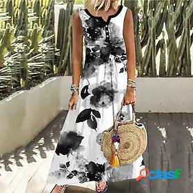 Womens Maxi long Dress A Line Dress White Sleeveless Print