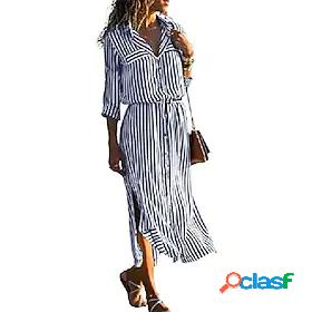 Womens Maxi long Dress Shirt Dress Black 3/4 Length Sleeve