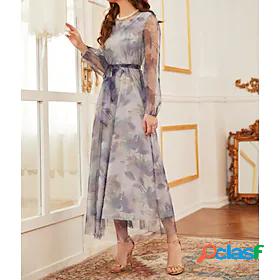 Womens Maxi long Dress Swing Dress Gray Long Sleeve Zipper
