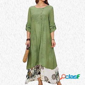 Womens Maxi long Dress Swing Dress Green Long Sleeve Layered