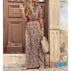 Womens Maxi long Dress Swing Dress Red Brown Short Sleeve