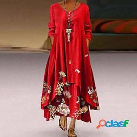 Womens Maxi long Dress Swing Dress Red Long Sleeve Pocket