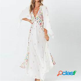 Womens Maxi long Dress Swing Dress White Black 3/4 Length