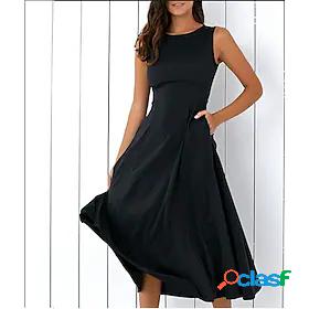 Womens Midi Dress A Line Dress Black Sleeveless Pocket Solid