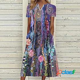 Womens Midi Dress A Line Dress Green Purple Short Sleeve