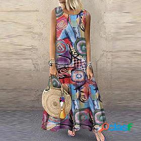 Womens Midi Dress A Line Dress Green Red Sleeveless Print