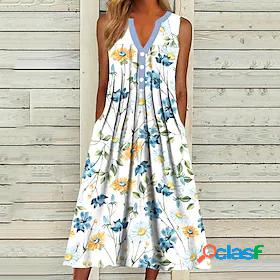 Womens Midi Dress A Line Dress White Blue Sleeveless Pocket