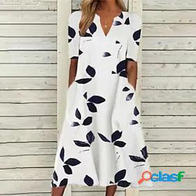 Womens Midi Dress A Line Dress White Short Sleeve Pocket