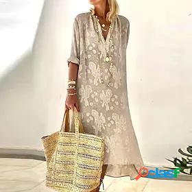 Womens Midi Dress Loose Beige 3/4 Length Sleeve Modern Style