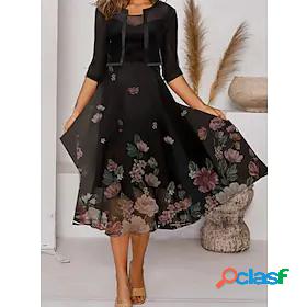 Womens Midi Dress Two Piece Dress Black Half Sleeve Print