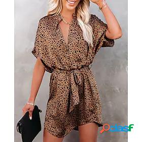 Womens Shirt Dress Drawstring Leopard Print Modern Cheetah