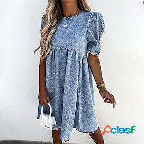 Womens Short Mini Dress A Line Dress Blue Short Sleeve