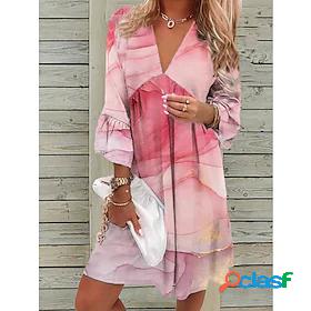 Womens Short Mini Dress A Line Dress Pink 3/4 Length Sleeve