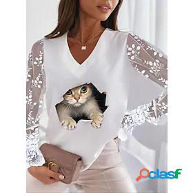 Womens T shirt 3D Cat Painting Cat 3D V Neck Patchwork Print