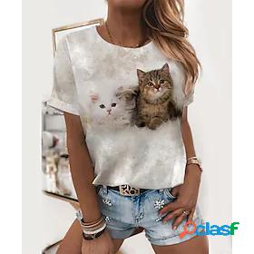 Womens T shirt 3D Cat Painting Cat Round Neck Print Basic