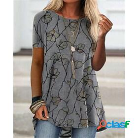 Womens T shirt 3D Printed Flower Round Neck Basic Tops Gray