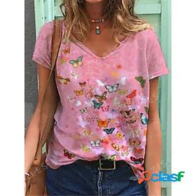 Womens T shirt Butterfly Butterfly Flower V Neck Print Basic