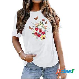 Womens T shirt Butterfly Butterfly Rose Letter Round Neck