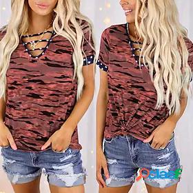 Womens T shirt Camo V Neck Cut Out Basic Vintage Tops Green