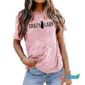 Womens T shirt Cat Cat Graphic Letter Round Neck Print Basic