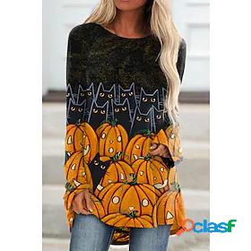 Womens T shirt Cat Painting Cat Pumpkin Round Neck Print