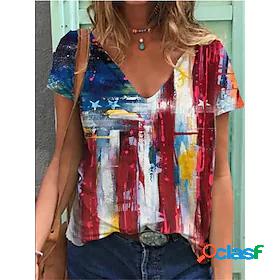 Womens T shirt Color Gradient Flag V Neck Patchwork Print