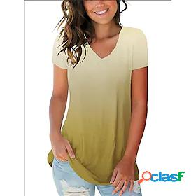 Womens T shirt Color Gradient V Neck Basic Tops Green Blue